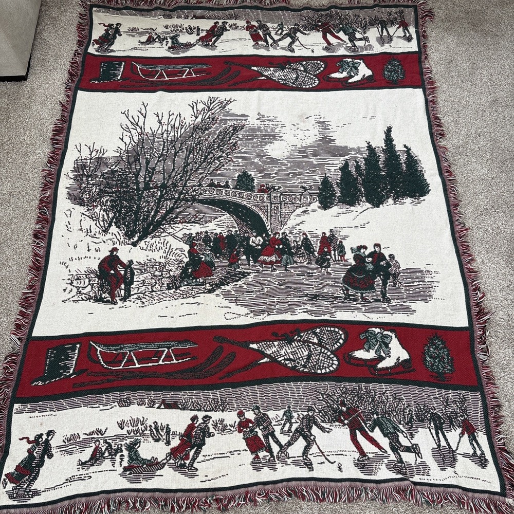Vtg Goodwin Weavers Bridge Family Ice Skating  Throw Woven Blanket Tapestry Read